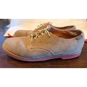 Vintage Bass Weejuns Mens Suede Oxford Shoes Tan Red Sole Lace Up Size 10.5M USA